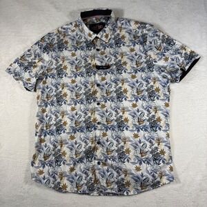 Soul of London Floral Button Down Mens L White‎ Blue Short Sleeve Stretch Cotton